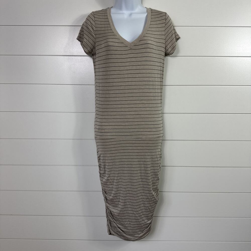 Prana Midi Dress Ruched V-Neckline Short Sleeve Beige Stripe Print sz S